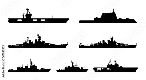 Valokuva Naval Fleet Silhouettes: Aircraft Carrier, Destroyer, Battleship, Warship Icons