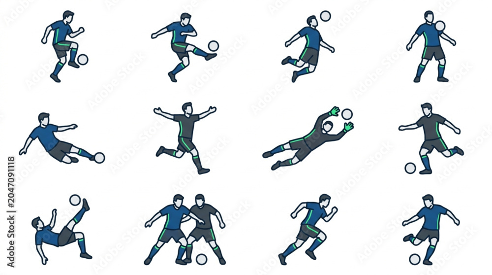 Fototapeta premium Illustrated Soccer Player Action Sequence Animation.