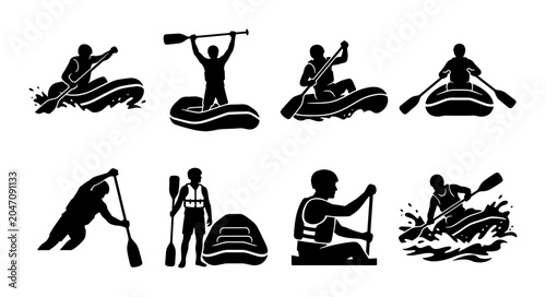Photos Rafting Icons Set: Whitewater Adventure, River Sports, Outdoor Activity Vector G