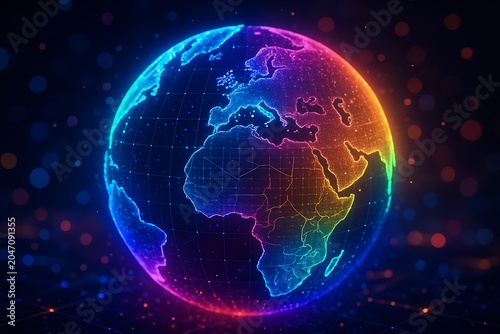 Futuristic Neon Earth Globe Visualization Representing Global Connectivity, Digital Transformation and Worldwide Data Network