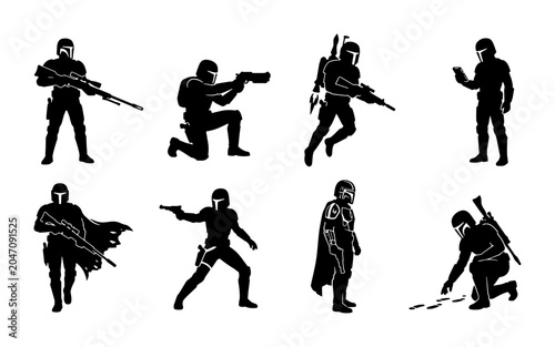 Fotografie Sci-Fi Soldier Silhouettes, Futuristic Warrior Poses, Space Trooper Vector Icons