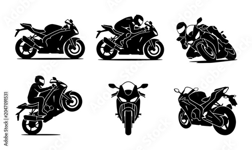 Quadro su tela Motorcycle Silhouettes, Sportbike Icons, Rider Poses, Black Vector Graphics Set