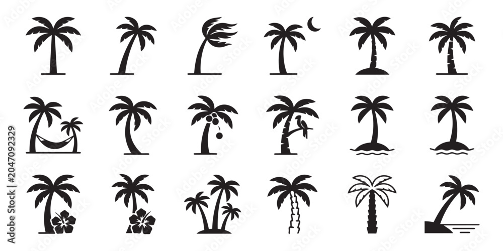 Fototapeta premium Black Silhouette of a Palm Tree and Hibiscus Flower on White Background