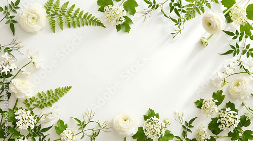 Fresh spring border design featuring delicate white flowers and lush green foliage on pristine white