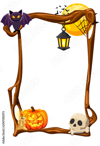 Halloween Wooden Frame with Pumpkin, Skull, Bat and Lantern