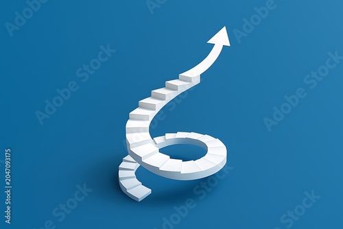 White Spiral Staircase Forming Upward Arrow Symbolizing Career Growth, Business Success and Strategic Progress Concept