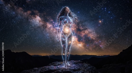 Mystical transparent figure under cosmic starry night sky with glowing nebula and mountains