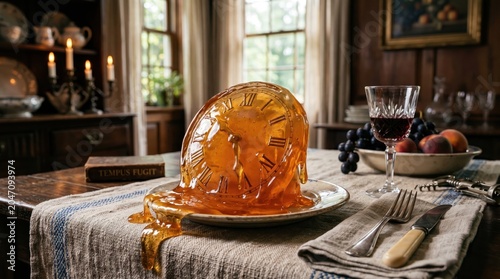 Melting golden caramel dessert on vintage wooden table with warm sunlight