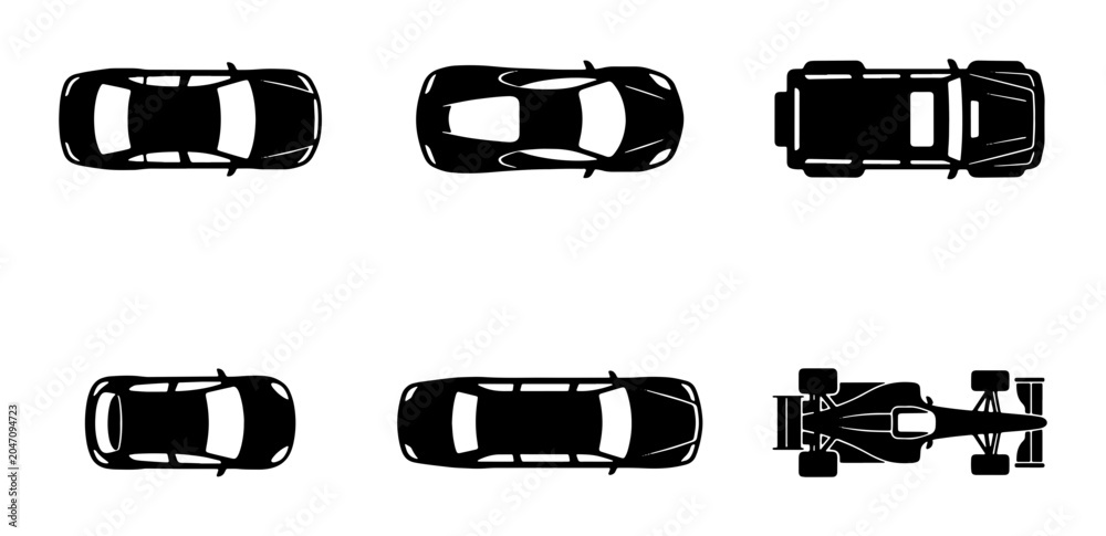 Obraz premium Top View Car Icons Set: Sedan, SUV, Sports Car, Formula 1, Vector Graphics