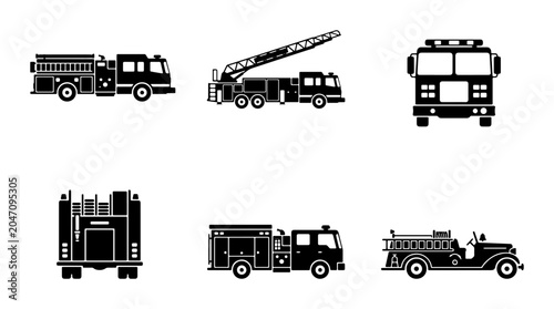 Obraz na płótnie Fire Truck Icons, Emergency Vehicle Silhouettes, Rescue Service Vector Graphics,