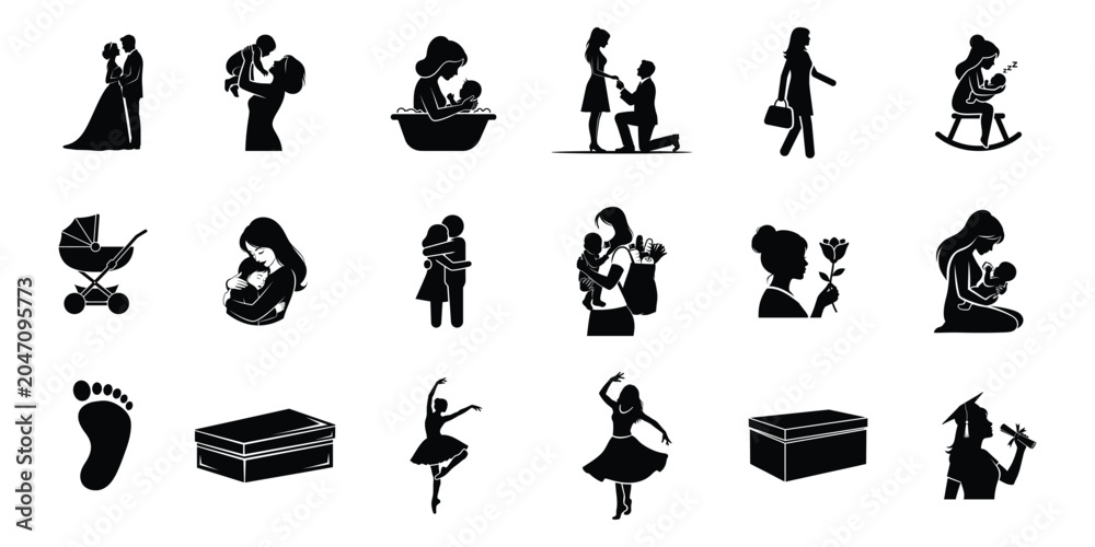 Obraz premium Collection of silhouette icons depicting motherhood love and life milestones