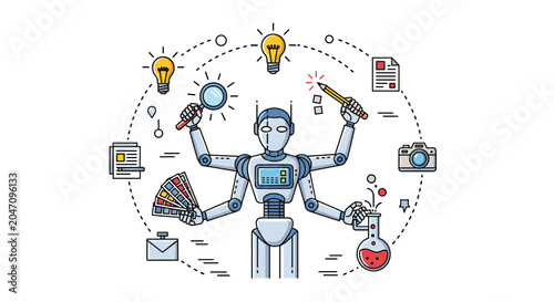 Multitasking robot with six arms uses various tools for creative design, scientific research, and professional work tasks.