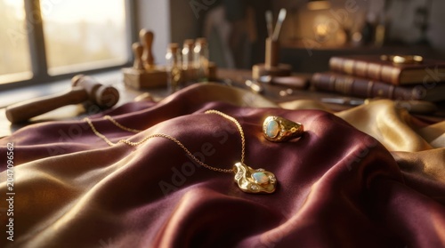 Antique Jewelry Displayed on Rich Fabric with Vintage Accessories.