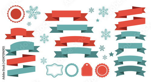 Large assortment of festive ribbon banners, seals, and tags in red and teal colors are decorated with winter snowflakes.