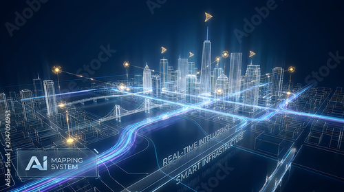 Digital city smart mapping system with ai technology and data network connectivity in a glowing blue futuristic environment