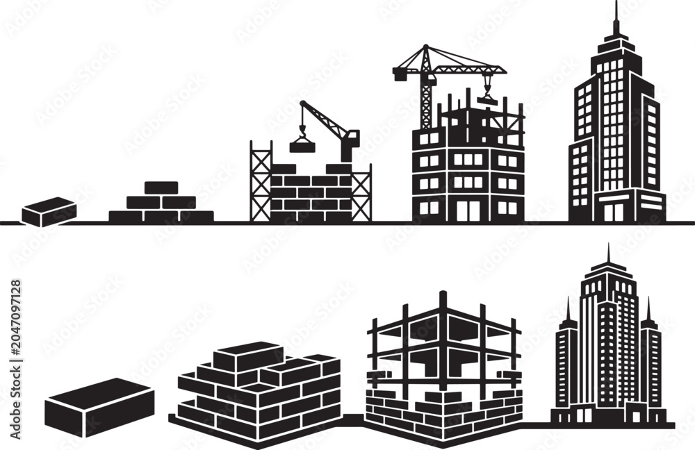 Obraz premium Building construction stages silhouette black vector illustration on a white background