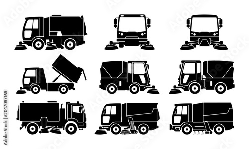 Konstfotografi Street Sweeper Truck Icons, Sanitation Vehicle Silhouettes, Municipal Cleaning M