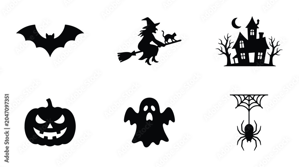 Obraz premium Halloween Icons Set: Witch, Bat, Ghost, Pumpkin, Haunted House, Spiderweb Vector Graphics