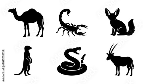 Cuadro en lienzo Desert Wildlife Silhouettes: Camel, Scorpion, Fennec Fox, Meerkat, Snake, Oryx I