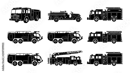 Cuadro en lienzo Fire Truck Vector Icons Collection, Emergency Vehicle Set, Firefighting Apparatu