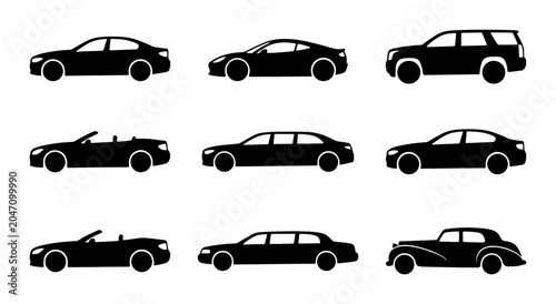 Foto Diverse Car Silhouettes Collection: Sedan, SUV, Convertible, Limousine Icons for