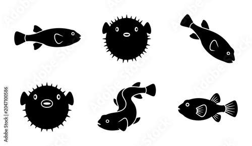 Tableau sur toile Pufferfish Icons Set, Marine Life Vector Graphics, Ocean Creatures Silhouette Co