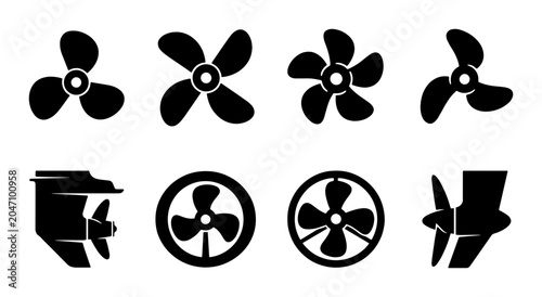 Tableau sur toile Marine Propeller Icons, Boat Motor Parts, Nautical Propulsion Systems, Vector Se
