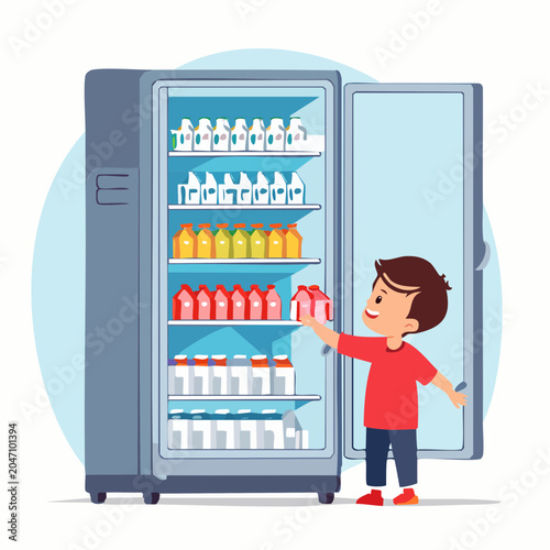 Boy reaching for a carton of food in an open refrigerator
