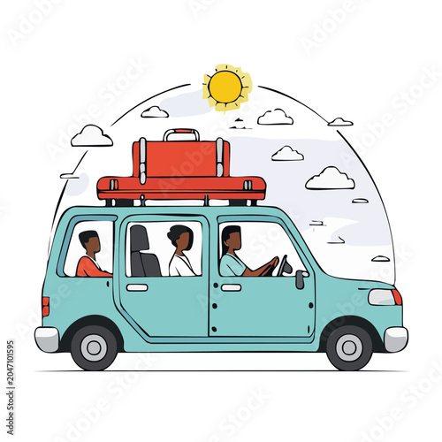 Family traveling in a car with luggage on the roof