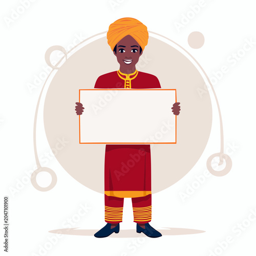 Man in traditional clothing holding a blank sign