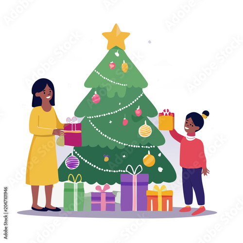 Mother and child decorating Christmas tree with gifts