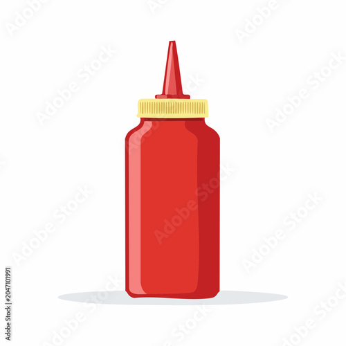 Red ketchup bottle with yellow cap, flat design illustration