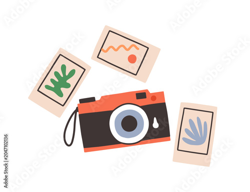 Retro film camera with instant photo, printed pictures. Abstract photographs ...
