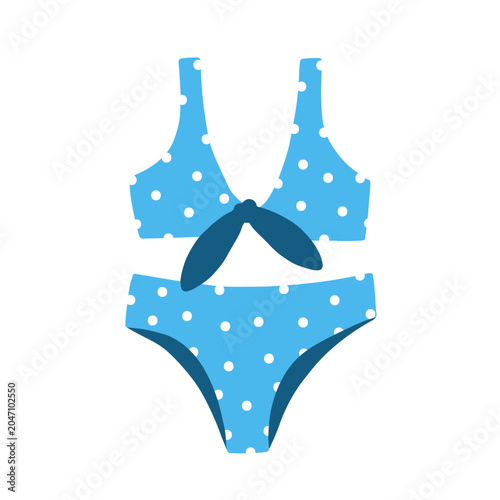 Bikini with polka dot pattern, bow knot tie. Two-piece swimwear with bra, pan...