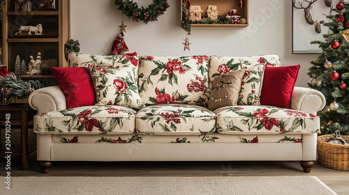 Christmas living room interior with floral sofa and red pillows christmas tree living space cozy home living area furniture design christmas