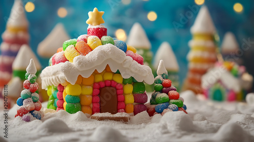 Festive gingerbread house made of candy in a snowy landscape with fairy tale holiday season christmas decoration miniature celebration new year