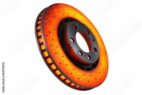 A standard ventilated brake disc glowing intensely with a bright orange heat simulating extreme thermal friction dark metallic edges contrasting