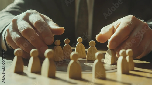 Business professional arranging wooden peg figures representing a team and organizational structure with business management leadership strategy