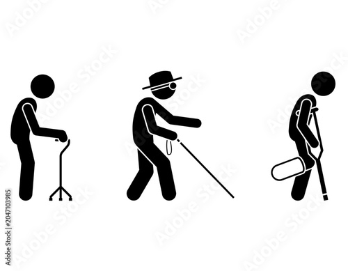 Quadro em tela Three black stick figures depicting people with various physical disabilities and mobility aids, including a cane, a walking stick, and crutches, on a white background