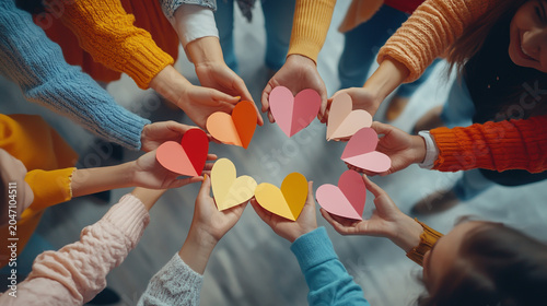 Group of diverse people holding colorful paper hearts in a circle as a symbol of unity and kindness with kindness community togetherness colorful