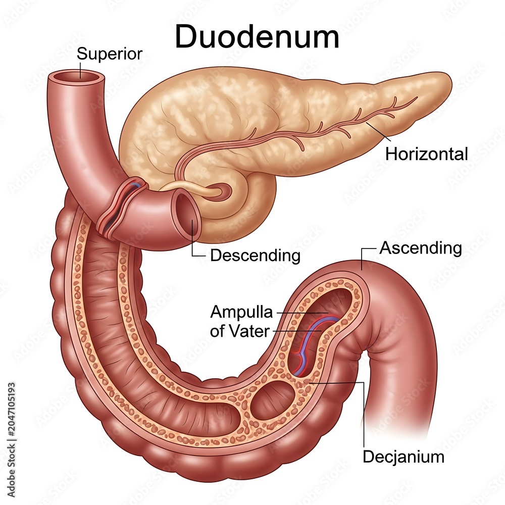Fototapeta premium Anatomical diagram of the human duodenum sections.