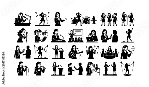 Girls with microphones silhouette icon collection for singing speaking and performance