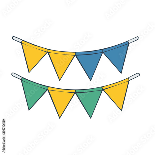 Bunting flags in yellow, blue, and green on a string