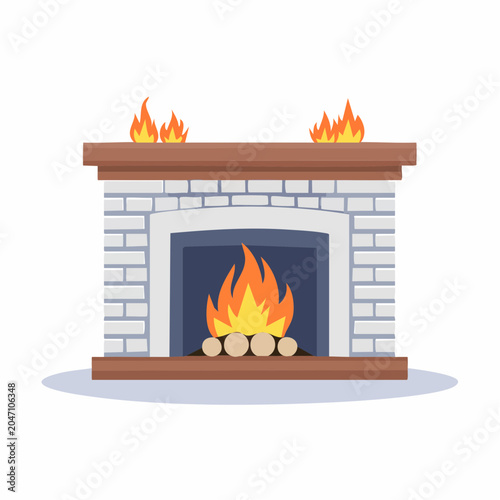 Illustration of a burning fireplace with white brick surround