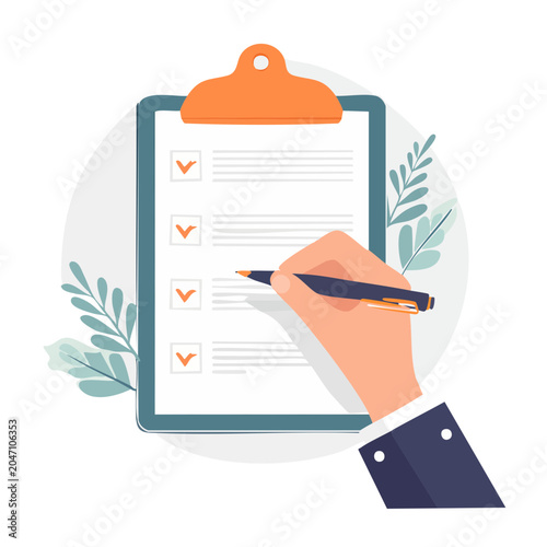 Hand filling out checklist on clipboard