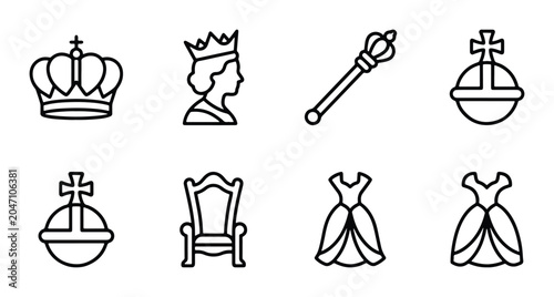 Obraz na płótnie Royal Icons Set: Crown, Scepter, Orb, Throne, Dress, Queen Silhouette Vector Gra