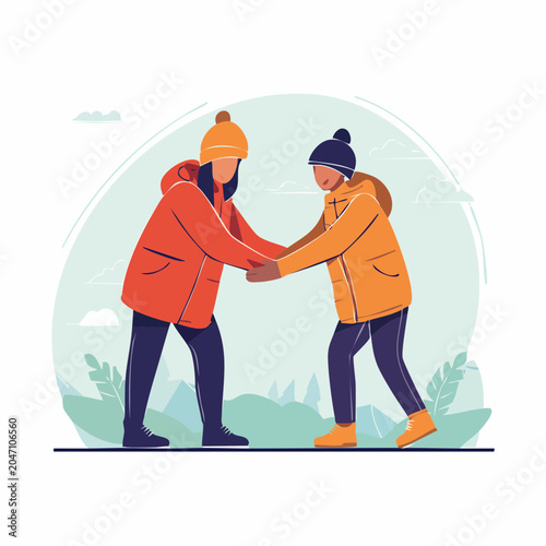 Two people holding hands in winter clothing outdoors