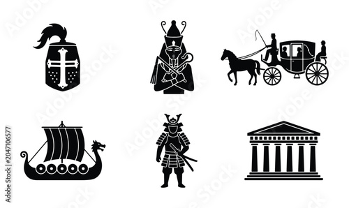 Foto Historical Icons Set: Knights, Samurai, Chariot, Viking Ship, Temple, Ancient Wa