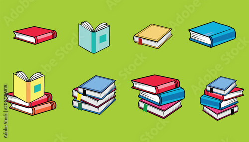 Set of colorful book illustrations for education design elements on green screen background, featuring stacked and open books for school, library, and learning concepts.