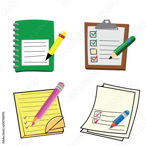 To Do List Vector Illustration Set of Cute Note Stickers for School and Office, featuring Clipboard, Spiral Notebook, Sticky Notes and Pencils for Planning, Organizing and Task Management